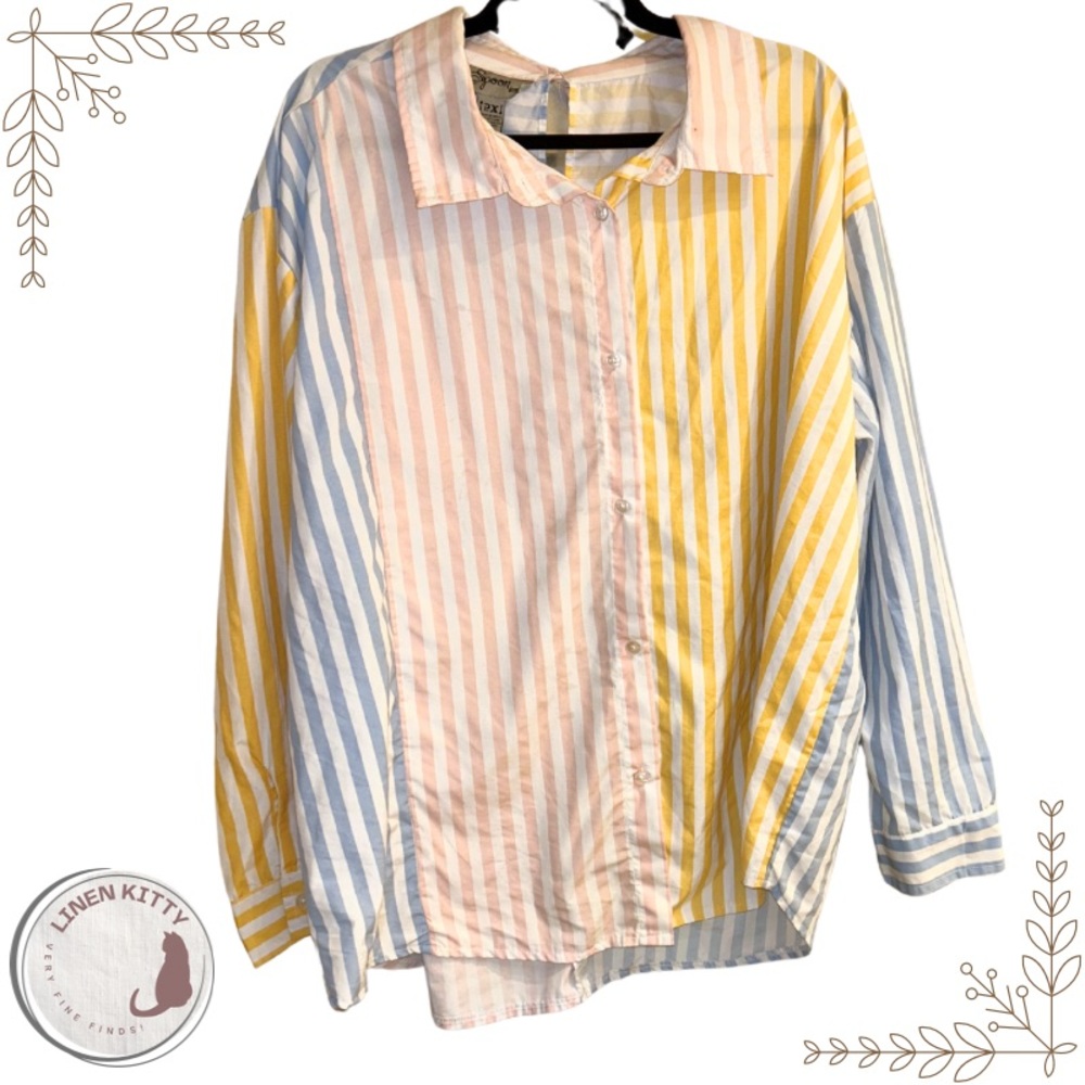 Striped Pastel Button-Down Top with Keyhole Detail in Back: 2X